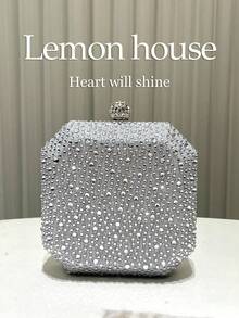 1pc Silver Shiny Rhinestone Premium Buckle Decor Mini Box Clutch Bag, Fashionable Personality Elegant Handbag, Evening Bag, Chain Crossbody Bag, Suitable For Evening Party, Banquet, Wedding, Ball, Gathering, Music Festival, Carnival For Women - Silver - View 4