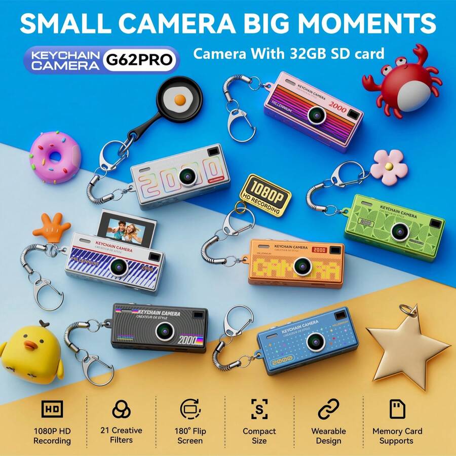Kamera Mini dengan Layar Lipat Definisi Tinggi, Kamera dengan Kartu SD 32GB, Perekaman HD 1080p, Layar Lipat 0,97 Inci, Perekaman Suara, Pencahayaan Tambahan, 21 Filter, Desain yang Dapat Dipakai. Hadiah Paling Cocok untuk Diberikan Sebagai Kado. - View 1