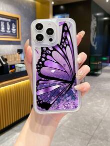 1pc Transparent TPU+PC Soft & Hard Combination Purple Liquid Quicksand Glitter Purple Butterfly Print Pattern Anti-Drop Phone Case, Fashionable Versatile Creative Personalized Full Coverage Phone Case, Suitable As Birthday Gift/Holiday Gift For Girlfriend, Best Friend, Wife, Lover, Relative, Boss, Couple, Classmate, Teacher, Colleague, Yourself, Compatible With/Matching Phone Case/Liquid Quicksand Phone Case/Interesting Phone Case/Android Phone Case/ Galaxy - Multicolor - View 1