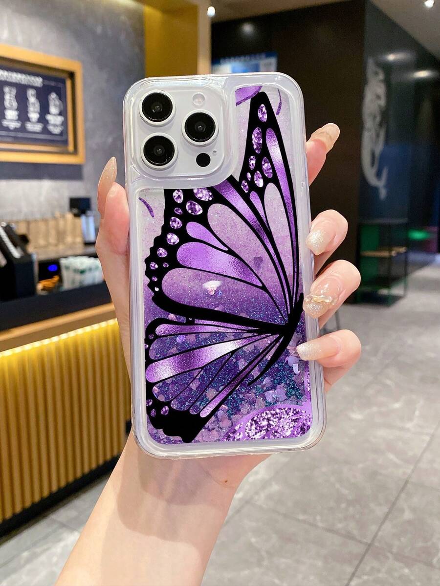 1pc Transparent TPU+PC Soft & Hard Combination Purple Liquid Quicksand Glitter Purple Butterfly Print Pattern Anti-Drop Phone Case, Fashionable Versatile Creative Personalized Full Coverage Phone Case, Suitable As Birthday Gift/Holiday Gift For Girlfriend, Best Friend, Wife, Lover, Relative, Boss, Couple, Classmate, Teacher, Colleague, Yourself, Compatible With/Matching Phone Case/Liquid Quicksand Phone Case/Interesting Phone Case/Android Phone Case/ Galaxy - Multicolor - View 1