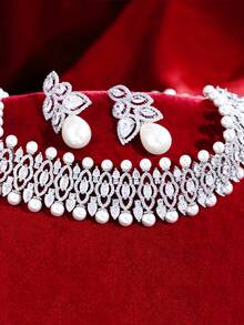 1 Set Luxurious Silver Plated Cubic Zirconia Wide Choker Pearl Necklace And Earrings Wedding Brides Jewelry Set For Women Banquet Party Anniversary Gift - White - View 8