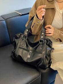Vintage Minimalist Large Capacity Fashion Student Work Commute Tote Bag - Black - View 3