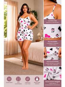 Women's Plus Size Sleeveless  Pajamas With Thin Straps And Print - White - View 3
