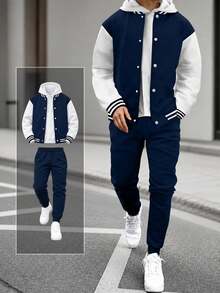 2pcs/Set Teen Boys Casual Outdoor Contrast Color Jacket And Sports Pants Set - Navy Blue - View 1