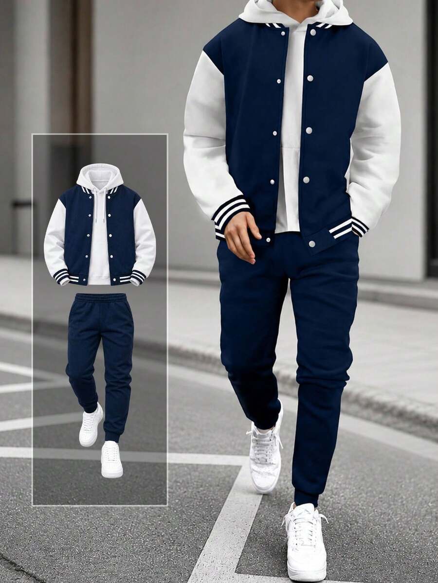 2pcs/Set Teen Boys Casual Outdoor Contrast Color Jacket And Sports Pants Set - Navy Blue - View 1