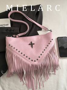 Fashionable Vintage Solid Color Crossbody Bag, Rivet Decorated Square Wallet, Casual Messenger Bag, Suitable For Travel And Daily Use, Portable Business Work Crossbody Bag, Tassel Shoulder Bag, Compact Handbag - Pink - View 2