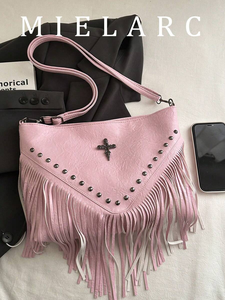 Fashionable Vintage Solid Color Crossbody Bag, Rivet Decorated Square Wallet, Casual Messenger Bag, Suitable For Travel And Daily Use, Portable Business Work Crossbody Bag, Tassel Shoulder Bag, Compact Handbag