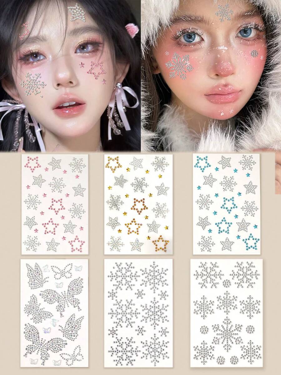 3D Realistic Multi-Particle Pentagram Butterfly Hexagon Snowflake Shiny Rhinestone Face Stickers For Women, Y2K Holiday Party Daily Makeup DIY Music Festival Ball Face Decor - Multicolor - View 1