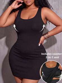 1pc Plus Size Ribbed Longline Tank Top, 2-In-1 Built-In Padded Cups, Solid Color, Versatile, Comfortable, Minimalist, Slimming, Casual Sports Outerwear Vest, Autumn/Winter - Black - View 3