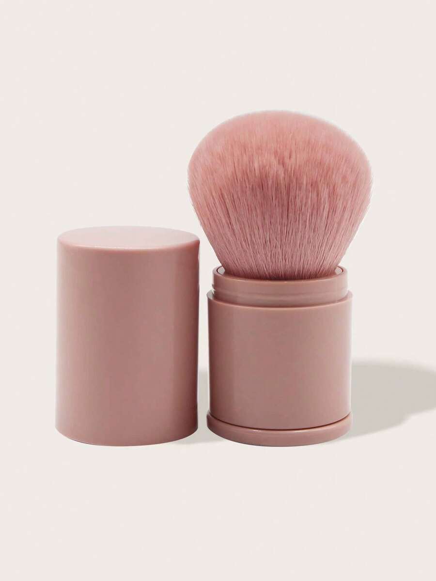 1pc Retractable Kabuki Makeup Brush, Soft Dense Synthetic Bristles, Portable Travel Face Powder Blush Contour Brush With Protective Cap, Compact Retractable Makeup Beauty Tool, Suitable For Women And Girls Daily Outdoor On-The-Go Makeup Use - Pink - View 1