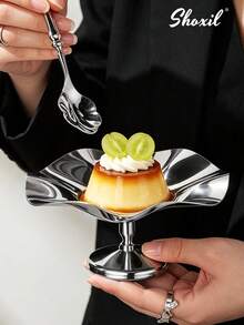 shoxil 1 pièce Tasse à dessert en métal en forme de feuille de lotus, bol de service à pied en acier inoxydable poli, plateau décoratif à pied haut, convient pour les desserts, les fruits, les amuse-gueules, parfait pour la table basse du salon et les hôtes de fêtes à la maison - Tasse - Voir 6