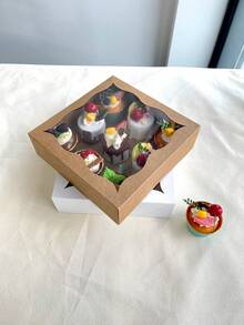 5pcs/10pcs 9.1*9.1*2.6 Inch Cake Gift Boxes With Transparent Window, Foldable Empty Paper Packaging Boxes, White And Kraft Paper Material Gift Boxes, Suitable For Party Favors, Wedding Birthday DIY Gift Packaging, Can Be Used For Halloween Candy And Cake Packaging - Multicolor - View 4