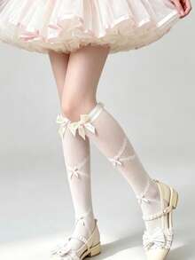 1 Pair Gentle Style Bowknot Lace Hollow Mid-Calf Socks, Women's Ruffled Mesh Breathable Elastic Socks, Sweet Lolita Y2K Girl Style, Cosplay Party Date JK Outfit Matching Decorative Socks - Multicolor - View 3