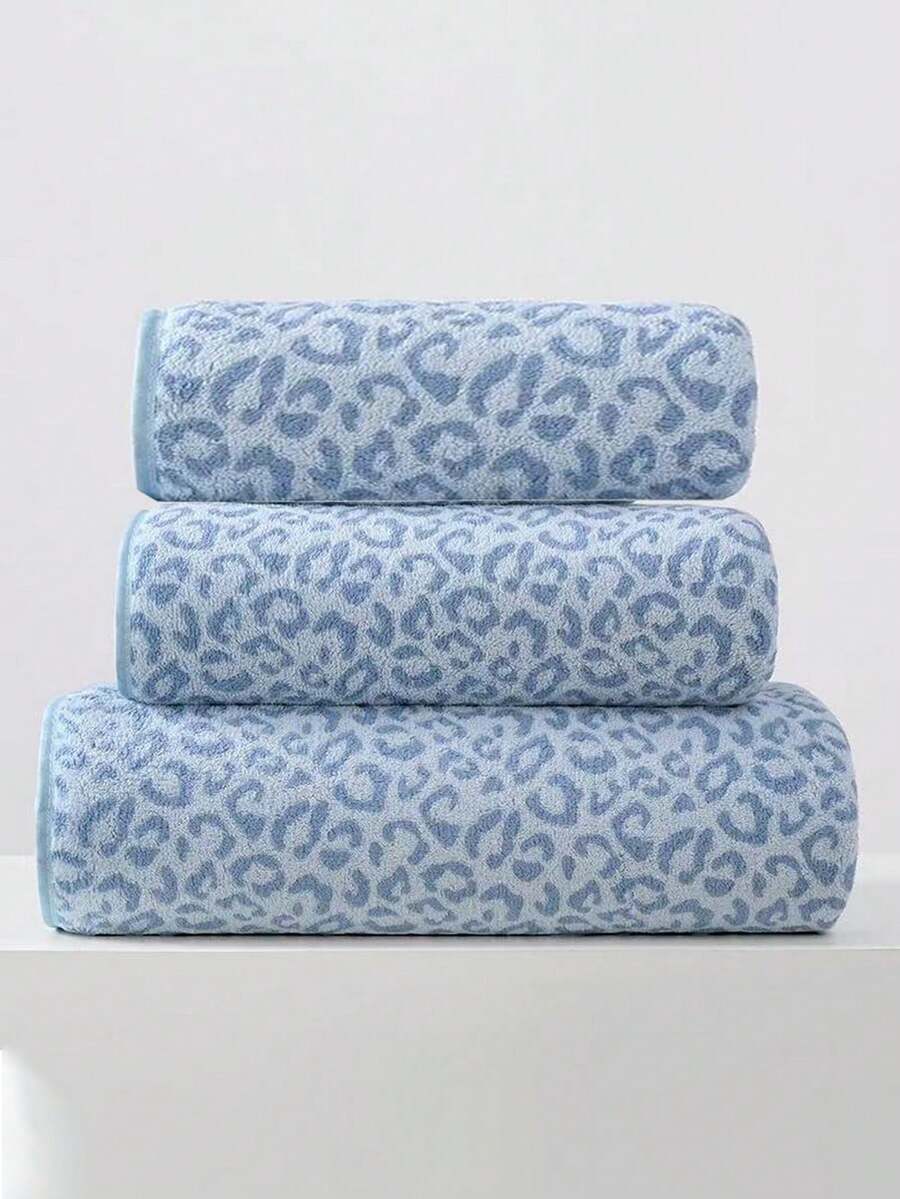 1/3 Pc Bath Towel Hand Towel Set, Leopard Printed Ultra Soft & Absorbent, Quick Drying, Face Wash, Shower Wash, Lightweight Coral Fleece Towel, Suitable For Bathroom, Bedroom, Home, Hotel, Swimming Pool, Spa, All Seasons Use - Blue - View 1