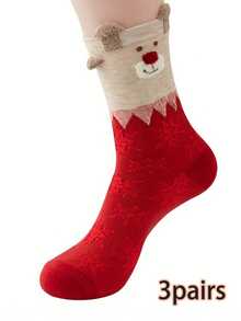 1/3/6 Pairs Of Women's Socks - Multi-Color Cartoon Reindeer 3D Design Fleece Polka Dot Texture Contrast Christmas Soft And Comfortable Mid-Calf Casual Socks For All Seasons - Multicolor - View 15