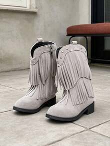 1雙兒童復古西部牛仔靴，雙層流蘇與鉚釘裝飾中筒靴，適合假日出遊、派對造型，秋冬穿著 - 灰色 - 查看 3