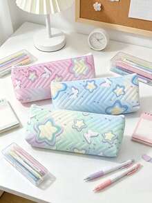 1pc Star & Butterfly Pattern Quilted Pencil Case, Zippered Stationery Storage Bag, Cute Student Pencil Pouch, Portable Cosmetic Organizer, Back To School Essential, Suitable For Girls And Teens Daily Storage, Perfect As A Gift - Little Star Butterfly Pencil Case - View 2
