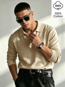 WAIT HIM Sweater Polo Kerah Polo Warna Polos Kasual Pria 100% Katun Ramah Kulit - Aprikot - View 5