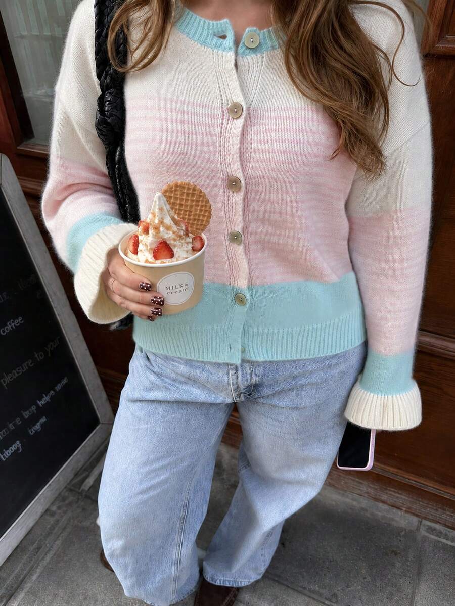 Autumn/Winter New Women's Fashion Elegant Casual Commute Versatile Classic Urban Modern Minimalist Macaron Color Block Multicolor Patchwork Pink Striped All-Match Single Button Design Small Round Neck Bell Sleeve Knit Cardigan, Versatile All-Match Sweater, Summer Top - Multicolor - View 1
