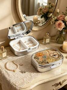 Square Metal Portable Jewelry Box With Classical Sun And Moon Patterns, 2-Compartment Organizer, Vintage Pattern Jewelry Storage Box, Suitable For Vitamins, Earrings, Rings, Travel Bag Pocket Storage, Ideal For Daily Use, Weekend Trips, Wedding Occasions, Outdoor Carry, Birthday, Bridesmaid, Jewelry Lover Gifts - Multicolor - View 5