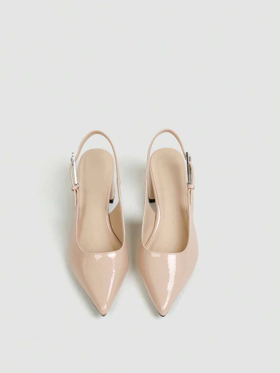 Women's Nude Pointed Toe Slingback Chunky Heel Pumps, Adjustable Buckle Dress Shoes For Wedding, Commute And Daily Wear - Apricot - View 1