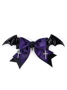 4/8pcs Gothic Style Purple Black Lace Bow Ribbon Hair Clip, Halloween Bat Cross Chain Hair Clip, Holiday Hair Accessory - Multicolor - View 4