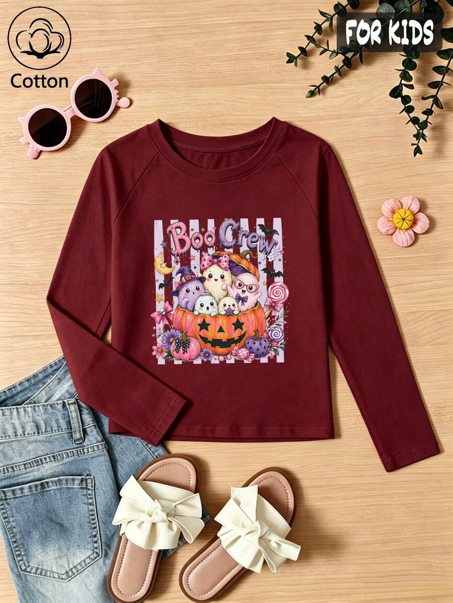 Halloween Girls Cotton Raglan Long Sleeve T-Shirt With Cartoon Pumpkin Candy Print, Cute Sweet Preppy Style - Maroon - View 1
