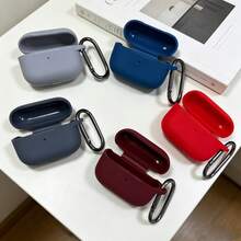 1pc Solid Color Silicone Earphone Case Compatible With AirPods With Carabiner - Red - View 3