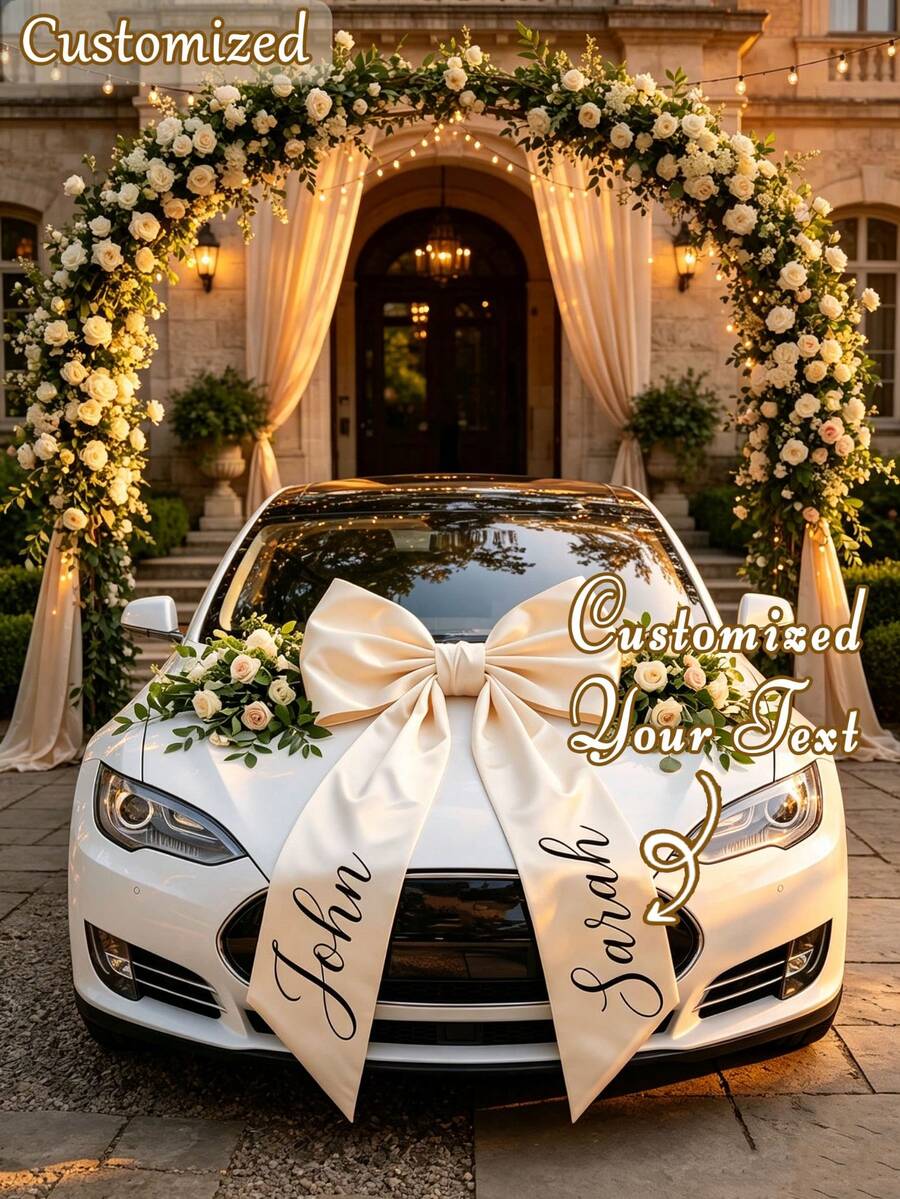 Custom Just Married Wedding Car Bow, Personalized Name Large Satin Bow For Bridal Car Decoration, Romantic Wedding Photo Prop,Ornamental,Reusable,Home - Multicolor - View 1