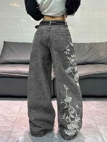 1件韓式街頭風女款刺繡寬腿鬆身長褲，舒適四季牛仔長褲（本產品不含腰帶/配件） - 淺灰色 - 查看 4