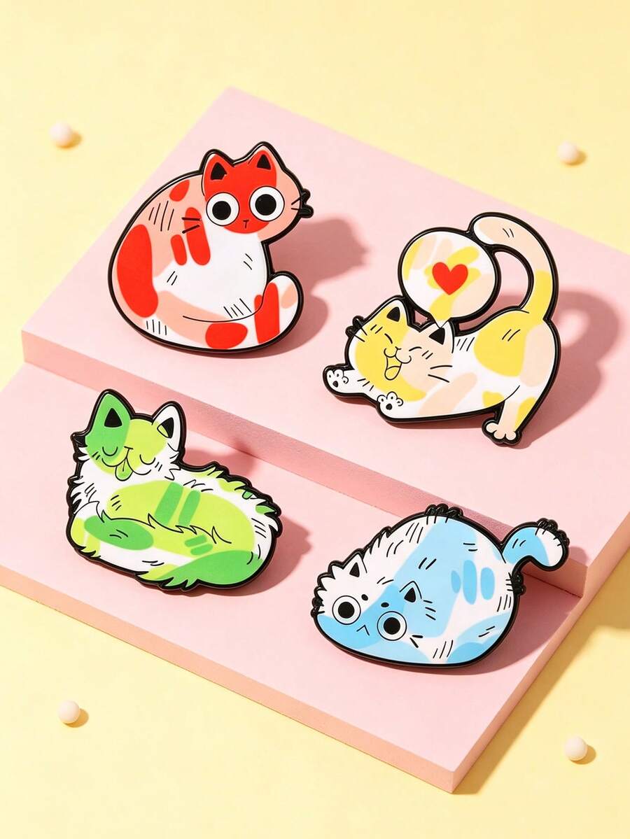 1 Pc/4pcs Cartoon Cute Multi‑Color Mood Cat Brooch, Decorative Pin For Bags & Garments, Gift For Cat Lovers - Multicolor - View 1