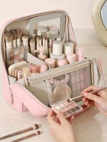 Upright Cosmetic Bag, Large Capacity Multi-Functional Portable Travel Business Toiletry Bag, Multi-Compartment Design Mesh Pockets, Portable Skincare Products Storage, For Women, Christmas Gift, Great Gift For Her,Makeup Pouch,Travel Essential - Morandi Colors - View 4