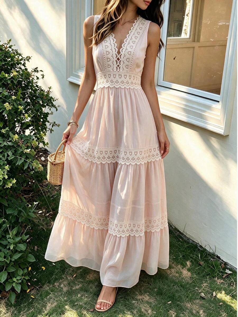 Gaun Maxi Chiffon Elegan untuk Pesta Musim Gugur, Leher V Seksi dengan Hiasan Renda, Cocok untuk Prom; Hiasan Renda Bersegmen dan Desain Ruffle Berlapis-lapis Warna Pink - Berwarna merah muda - View 1