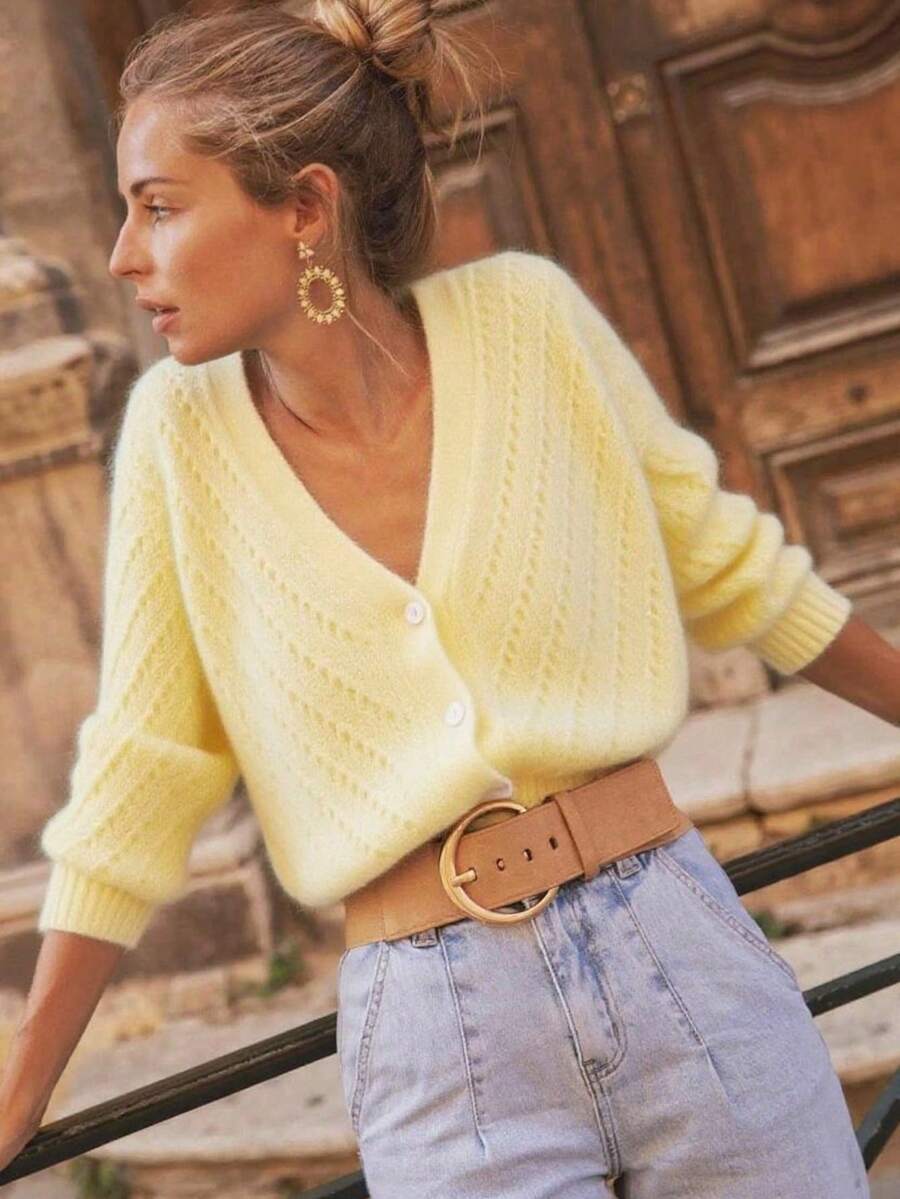 Solid Color Cardigan Long Sleeve Knit Sweater Jacket, Autumn/Winter Yellow - 黃色 - 查看 1