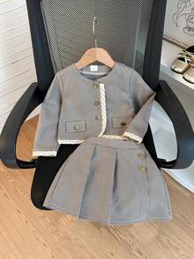 Girls' Sweet & Gentle Houndstooth 2-Piece Set, Lace Trim Round Neck Short Jacket With Single-Breasted Buttons, Matching Fabric Side-Button Pleated Skirt, Elegant Vintage Toddler Spring/Autumn Outing Fashion Outfit - Brown - View 1