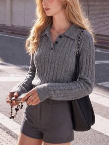Women's Grey Cable Knit Pullover Polo Shirt, Long Sleeve Cropped Knit Top - Grey - View 3