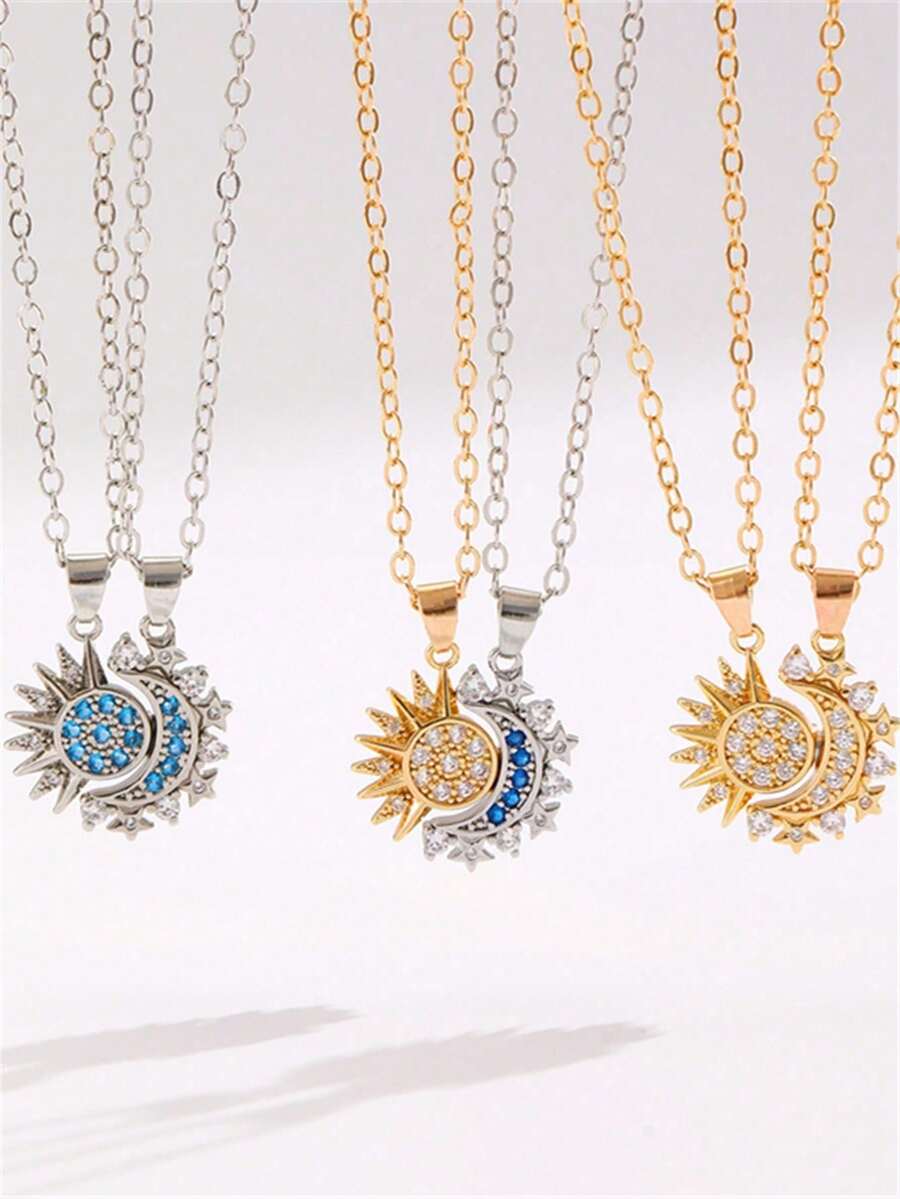 A Pair Of Personalized Vintage Design Sun And Moon Diamond-Studded Layered Necklaces For Women - Multicolor - View 1