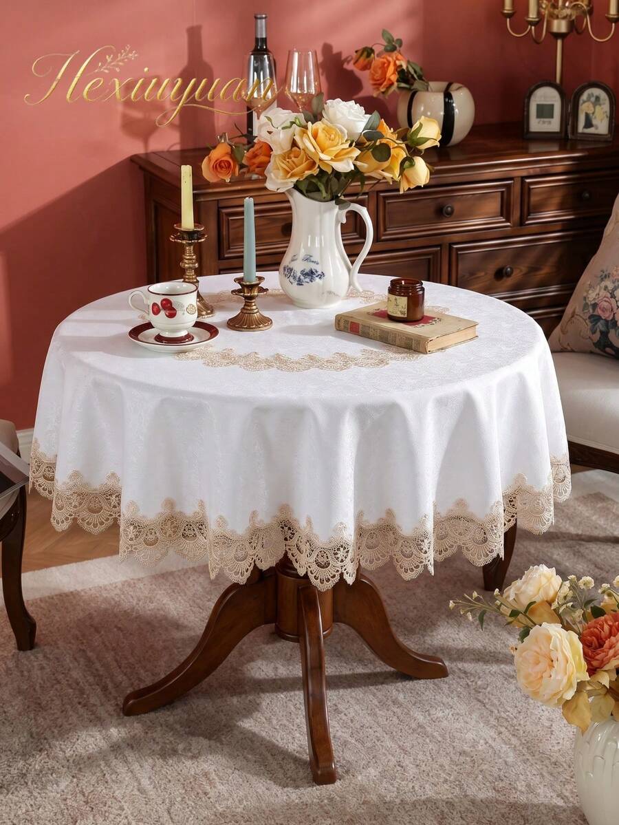 HXARTMIS 1PC Brown Jacquard Round Tablecloth With Exquisite Floral Embroidery, Lace Trim And Fan-Shaped Lace Overlay, Suitable For Weddings, Banquets, Dining Tables And Home Decor