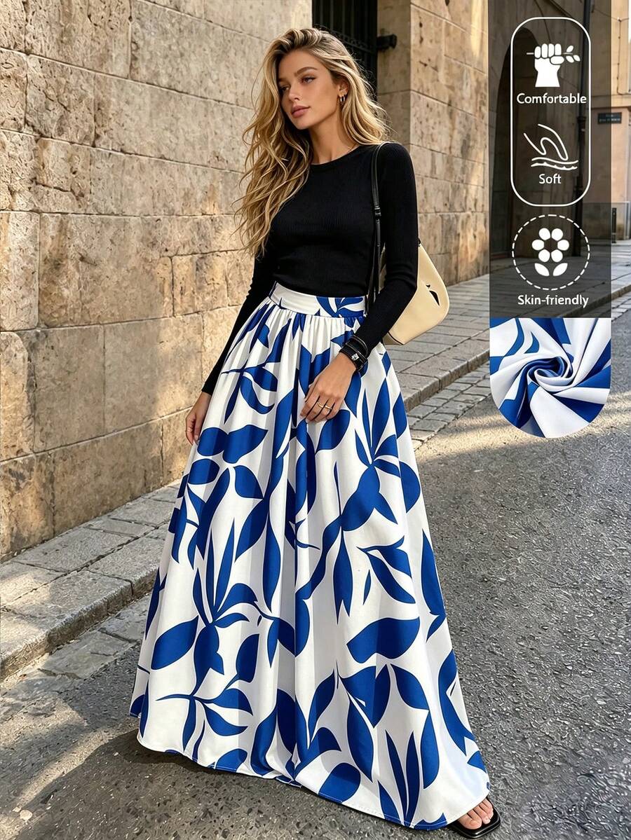 EARO Women's Floral Print High Waist A-Line Skirt, Summer Holiday Skirt Vacation Spring - Blue - View 1