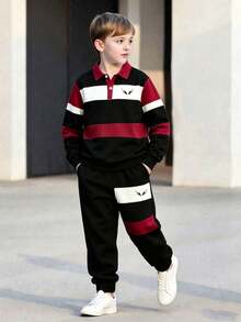Boys' Spring/Autumn 2 Pieces Set, Colorblock Wide Striped Polo Collar Sweatshirt And Jogger Sweatpants, Kids' Sports Outfit - Burgundy - View 1