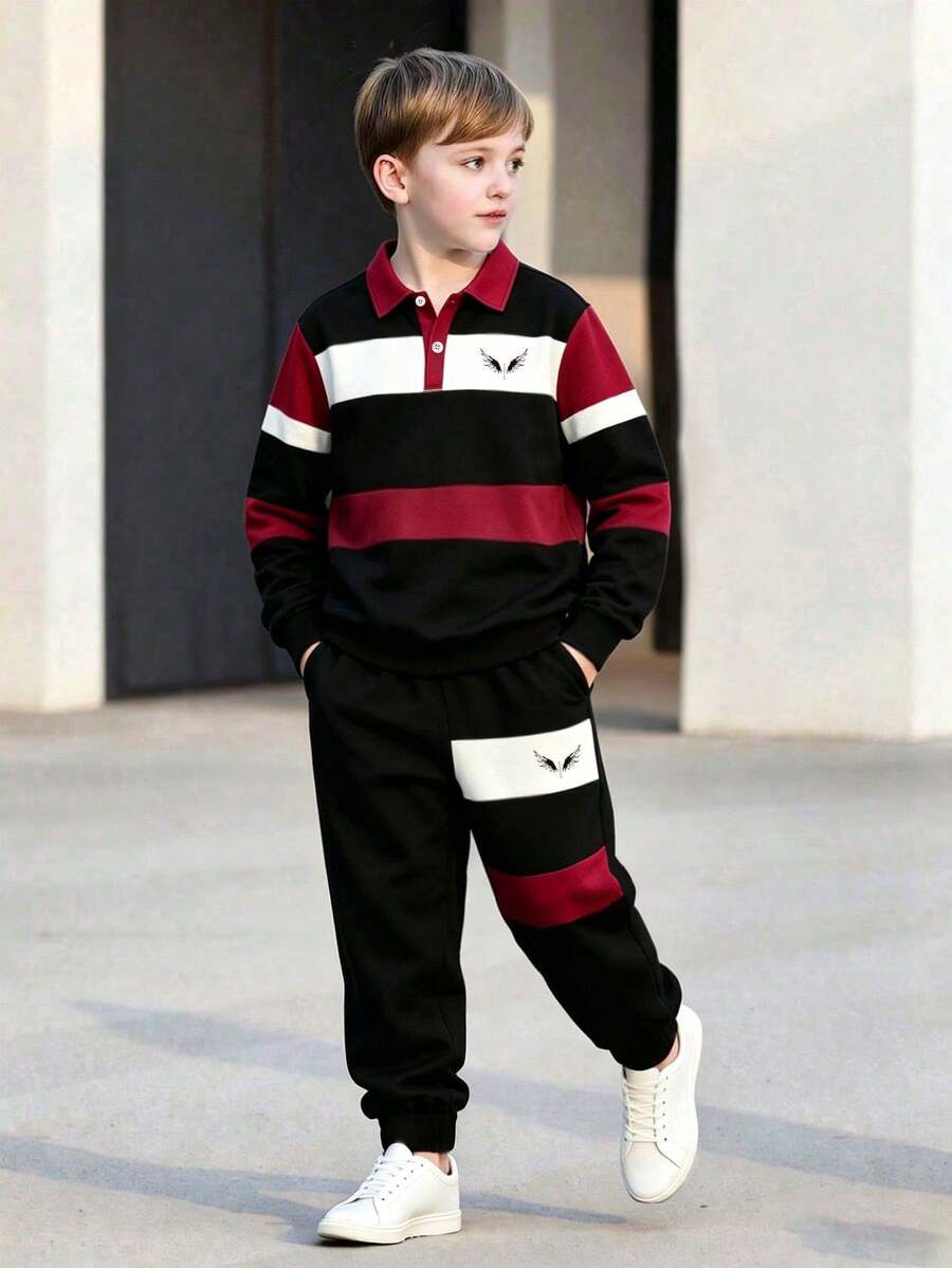 Boys' Spring/Autumn 2 Pieces Set, Colorblock Wide Striped Polo Collar Sweatshirt And Jogger Sweatpants, Kids' Sports Outfit - Burgundy - View 1