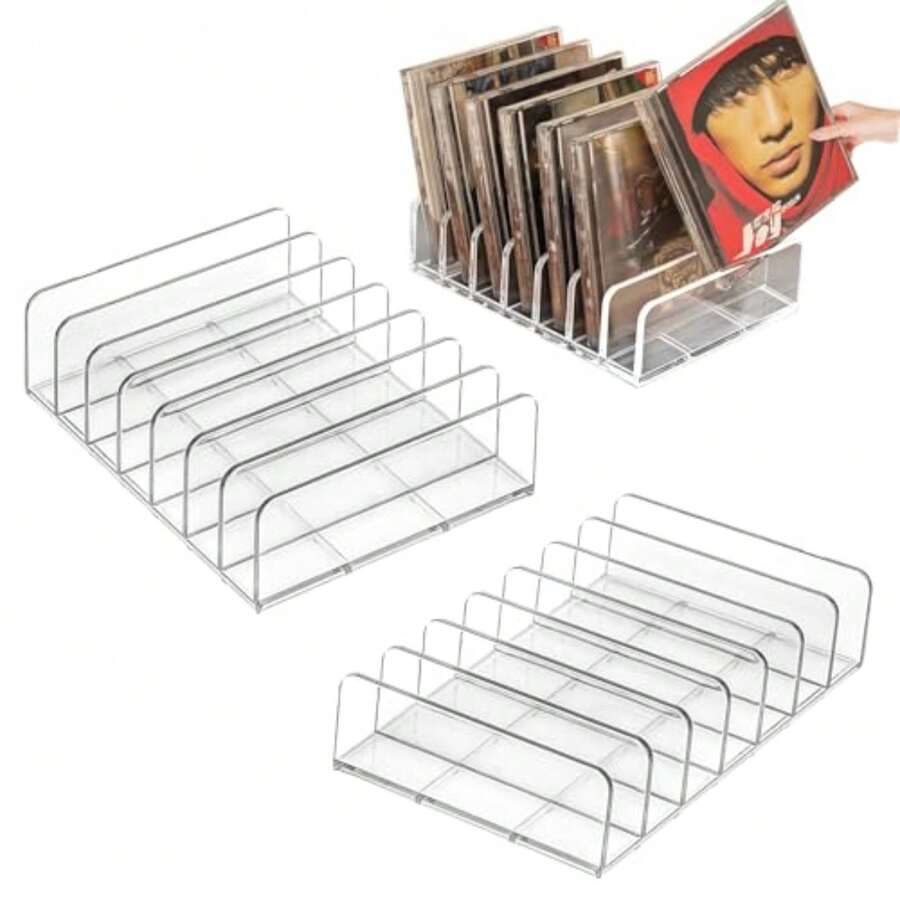 Paquete de 2 soportes de CD de acrílico transparente, caja de almacenamiento de DVD y CD, soporte de almacenamiento de discos de vinilo, capacidad para hasta 14 fundas de CD estándar para - Multicolor - Ver 1