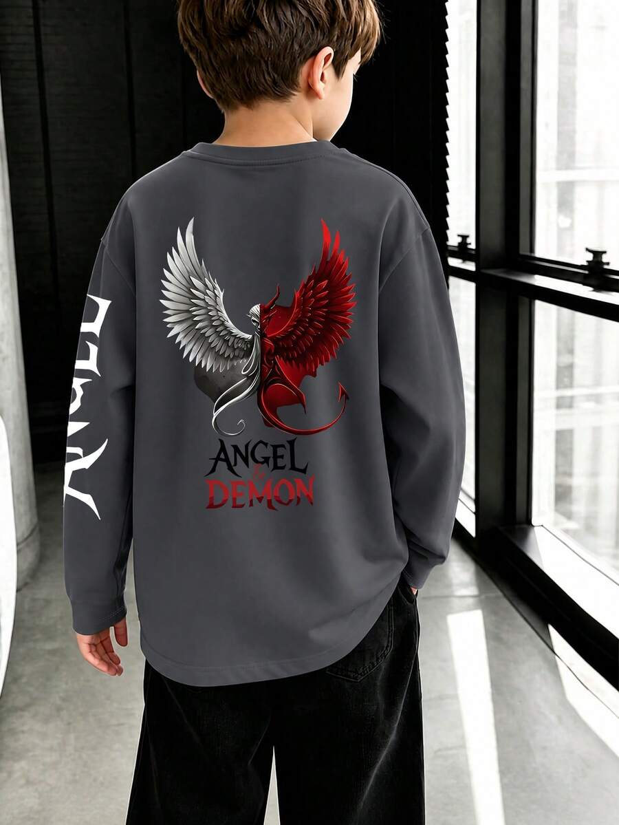 1pc Tween Boy Dark Style Angel & Devil Double Wing Print Long Sleeve T-Shirt, Dark Gray Loose Fit Base Layer Top, Spring/Autumn - Dark Grey - View 1