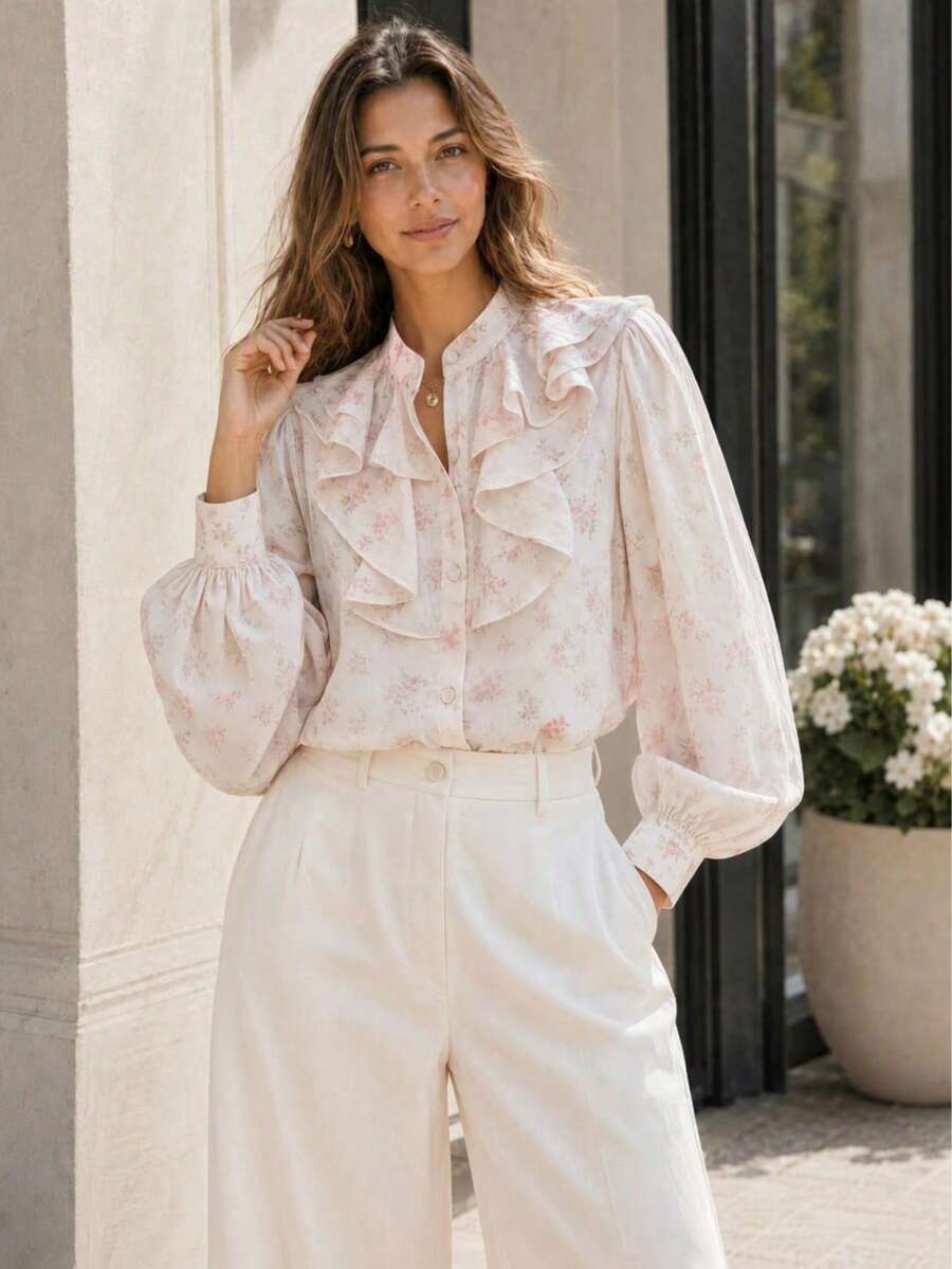 Women's Floral Chiffon Shirt, Stand Collar Long Sleeve Ruffle Button Top, For Daily, Home, Holiday, Travel, Date, Spring Summer Fall Vacation Pink - Pink - View 1