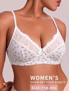 Bra Wanita Motif Bunga, Patchwork Renda, Berkawat, Anti-Kendur, Nyaman - Grey - View 3