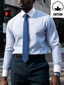 WAIT HIM Men's Business Style Premium Color-Block Striped Dress Shirt Made Of Traceable Cotton - Blue and White - View 4