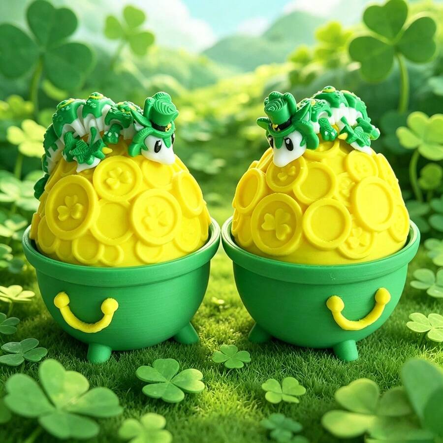 Cute 3D Printed Clover Dragon + Dragon Egg Model Set Plastic Toy Ornament Desktop Decor Sculpture Holiday Gift