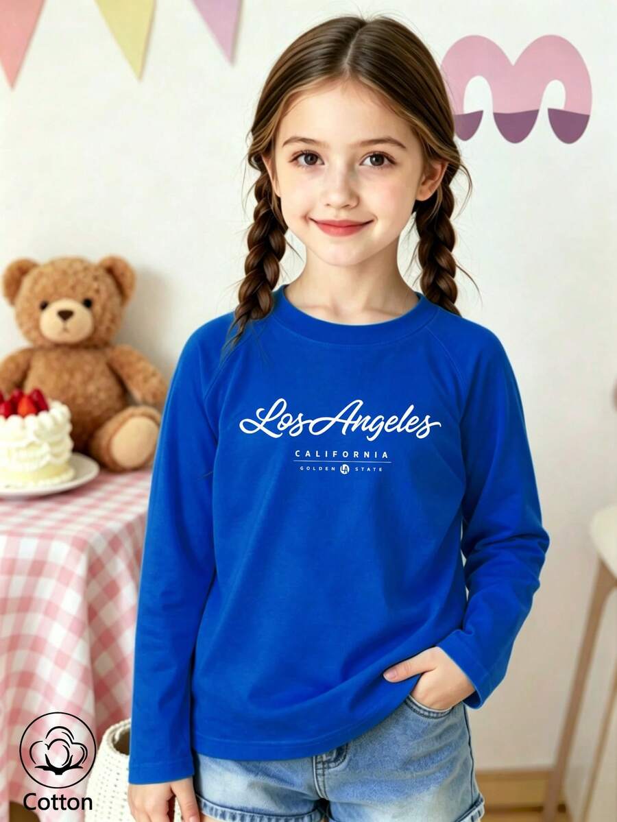 Girls Cotton Raglan Long Sleeve T-Shirt, Autumn Winter Casual Top With LA Print, Cute Sweet Preppy Style - Colorful Orchid - View 1