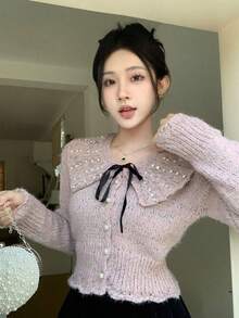 Autumn/Winter Cute Sweet Peter Pan Collar Bow Tie Beaded Knit Cardigan - Pink - View 3