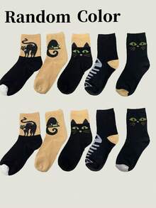 5 Pairs Fun Cartoon Black Cat Contrast Color Mid-Calf Socks, Regular Fit, Women's Spring/Autumn, INS Style, Versatile, Breathable, Home & Daily Wear - Multicolor - View 8